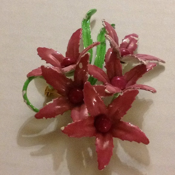 Pink XL Enamel Flower Pin Brooch 1920 1930 1940 - Picture 4 of 8